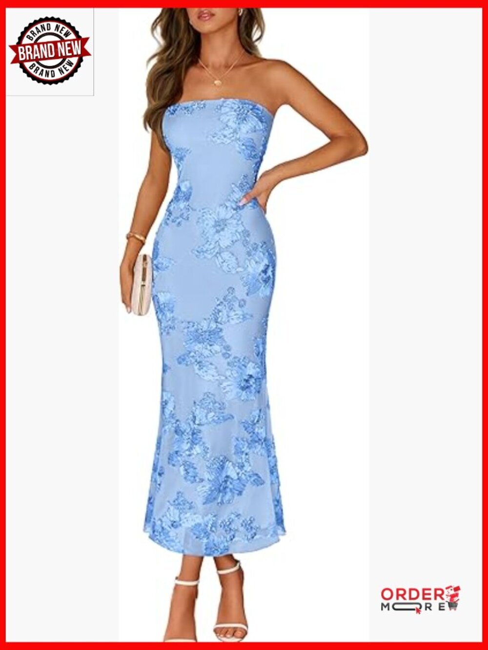 Strapless Formal Maxi Dress 3D Floral Mesh Bodycon Wedding Guest